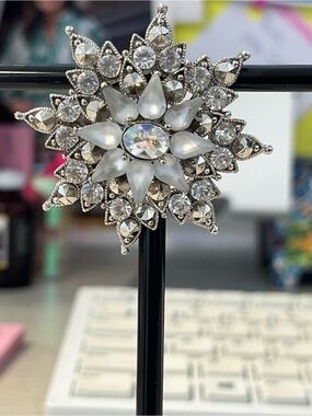 Silver Snowflake Brooch with White Pearlescent Petals